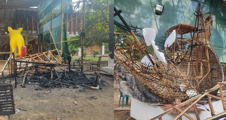 চারুকলায় আগুনে পুড়ে গেল আনন্দ শোভাযাত্রার জন্য বানানো শেখ হাসিনার মোটিফ