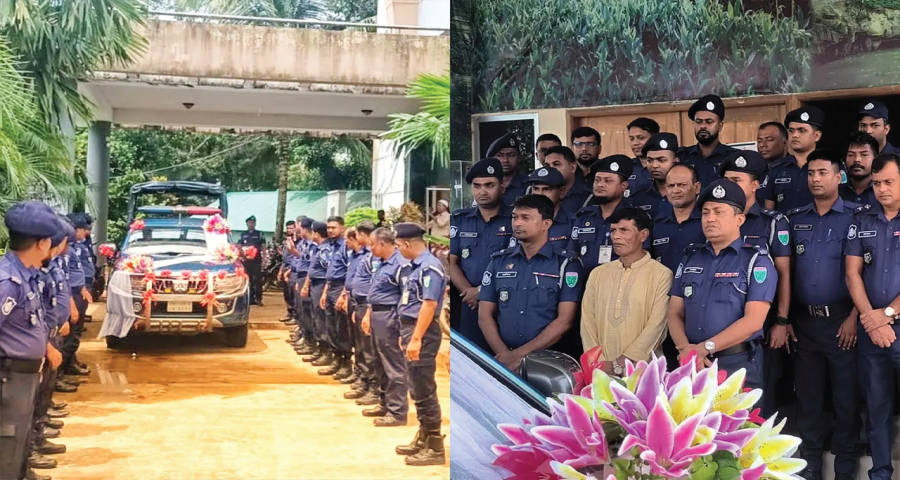 সুসজ্জিত গাড়িতে পুলিশ কনস্টেবলের রাজকীয় বিদায়